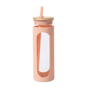 Glass Water Tumble Straw Silicone Bamboo Lids Iced Coffee Cup Bottle Reusable - 590ML - Flesh colored