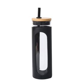 Glass Water Tumble Straw Silicone Bamboo Lids Iced Coffee Cup Bottle Reusable - 590ML - Black