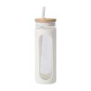 Glass Water Tumble Straw Silicone Bamboo Lids Iced Coffee Cup Bottle Reusable - 590ML - White