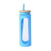 Glass Water Tumble Straw Silicone Bamboo Lids Iced Coffee Cup Bottle Reusable - 590ML - blue