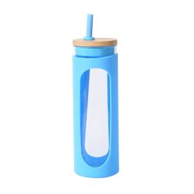 Glass Water Tumble Straw Silicone Bamboo Lids Iced Coffee Cup Bottle Reusable - 590ML - blue