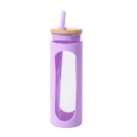 Glass Water Tumble Straw Silicone Bamboo Lids Iced Coffee Cup Bottle Reusable - 590ML - Purple