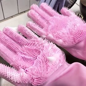 1pair Kitchen Silicone Dishwashing Gloves; Housework Cleaning Waterproof Insulation Magic Gloves; Dishwashing Brush - Grey - Silica Gel