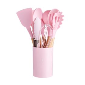 11pcs Wooden Handle Silicone Kitchen Utensils Set Storage Bucket Non-stick Shovel Spoon Cooking Kitchen Utensils 11 Pieces Set Silicone Shovel Spoon -