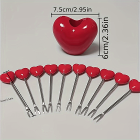 10pcs; Love Fruit Forks; Stainless Steel Cake Fork Set; Home Snacks Tableware Set; Kitchen Household Items; Valentine's Day Party Favors - Love Base +