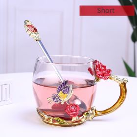 1pc Rose Enamel Crystal Tea Cup; Coffee Mug; Tumbler Butterfly Rose Painted Flower Water Cups; Clear Glass With Spoon Set - Red - Short