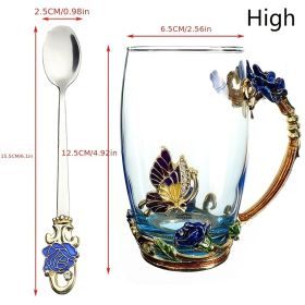 1pc Rose Enamel Crystal Tea Cup; Coffee Mug; Tumbler Butterfly Rose Painted Flower Water Cups; Clear Glass With Spoon Set - Blue - High