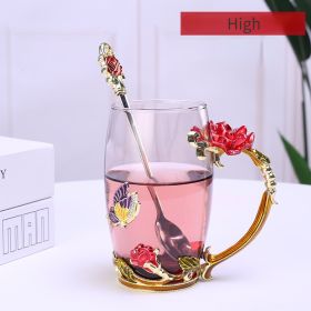 1pc Rose Enamel Crystal Tea Cup; Coffee Mug; Tumbler Butterfly Rose Painted Flower Water Cups; Clear Glass With Spoon Set - Red - High