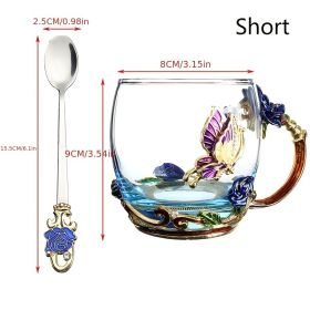 1pc Rose Enamel Crystal Tea Cup; Coffee Mug; Tumbler Butterfly Rose Painted Flower Water Cups; Clear Glass With Spoon Set - Blue - Short