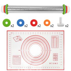 Dough Rolling Pin Dough Roller Stainless Steel Rolling Pins with 4 Removable Adjustable Thickness Rings and Rolling Mat - Red