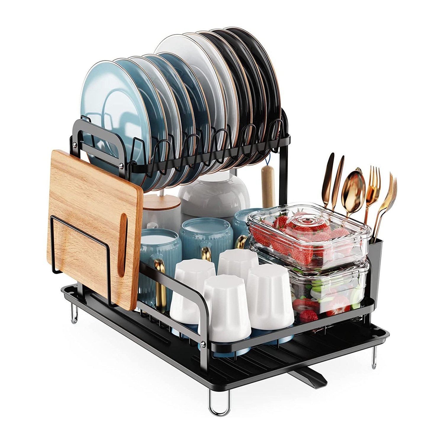 2-Tier Dish Drying Rack for Kitchen Counter Space Saving Rustproof Dish Rack with Drainboard Detachable Kitchen Drainer Organizer Set - Black 2-Tier Dish Drying Rack for Kitchen Counter Space Saving Rustproof Dish Rack with Drainboard Detachable Kitchen Drainer Organizer Set - Black