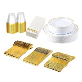 175Pcs Disposable Gold Dinnerware Set Gold Rim Plastic Plates Cups Fork Spoon Knife Paper Napkins for Party Wedding Graduation - DinnerwareSet