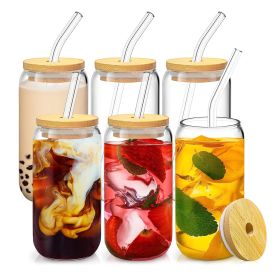 6Pcs Mason Jar Cups with Lid 16OZ Reusable Glass Beer Can with Bamboo Lids Glass Straws Cleaning Brush for Iced Coffee Smoothie Tea - Glass Cup