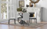 TREXM 5-Piece Farmhouse Style Dining Table Set, Marble Sticker and Cross Bracket Pedestal Dining Table, and 4 Upholstered Chairs (White+Gray) - as Pic