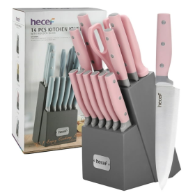 Hecef Kitchen Knife Block Set, 14Pcs High Carbon Stainless Steel Cutlery Knife Set with Sharpener - Hecef