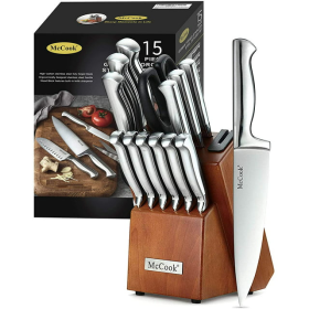 McCook MC29 15-Piece Kitchen Cutlery Knife Block Set Built-in Sharpener Stainless Steel - McCook