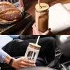 Glass Water Tumble Straw Silicone Bamboo Lids Iced Coffee Cup Bottle Reusable - 590ML - White