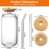 6Pcs Mason Jar Cups with Lid 16OZ Reusable Glass Beer Can with Bamboo Lids Glass Straws Cleaning Brush for Iced Coffee Smoothie Tea - Glass Cup