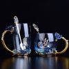 1pc Rose Enamel Crystal Tea Cup; Coffee Mug; Tumbler Butterfly Rose Painted Flower Water Cups; Clear Glass With Spoon Set - Blue - High