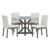 TREXM 5-Piece Farmhouse Style Dining Table Set, Marble Sticker and Cross Bracket Pedestal Dining Table, and 4 Upholstered Chairs (White+Gray) - as Pic