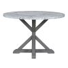 TREXM 5-Piece Farmhouse Style Dining Table Set, Marble Sticker and Cross Bracket Pedestal Dining Table, and 4 Upholstered Chairs (White+Gray) - as Pic